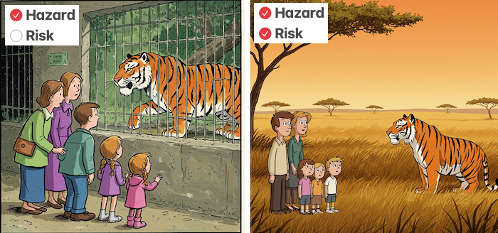 Encountering a tiger at the zoo vs. in the open - explaining the concept of hazard vs. risk